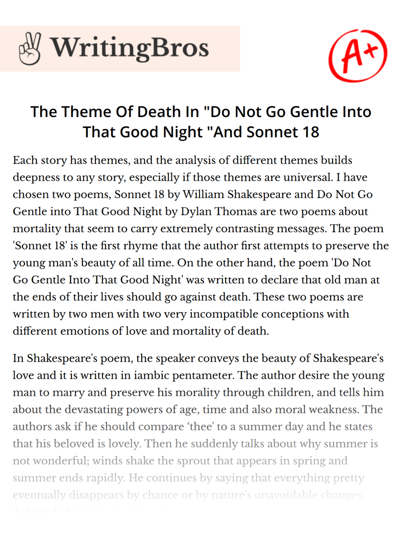 The Theme Of Death In "Do Not Go Gentle Into That Good Night "And Sonnet 18 essay