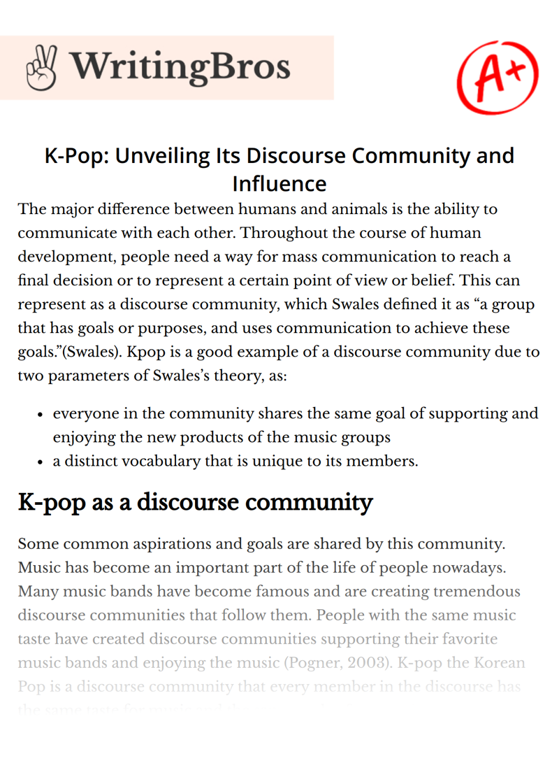 K-Pop: Unveiling Its Discourse Community and Influence essay