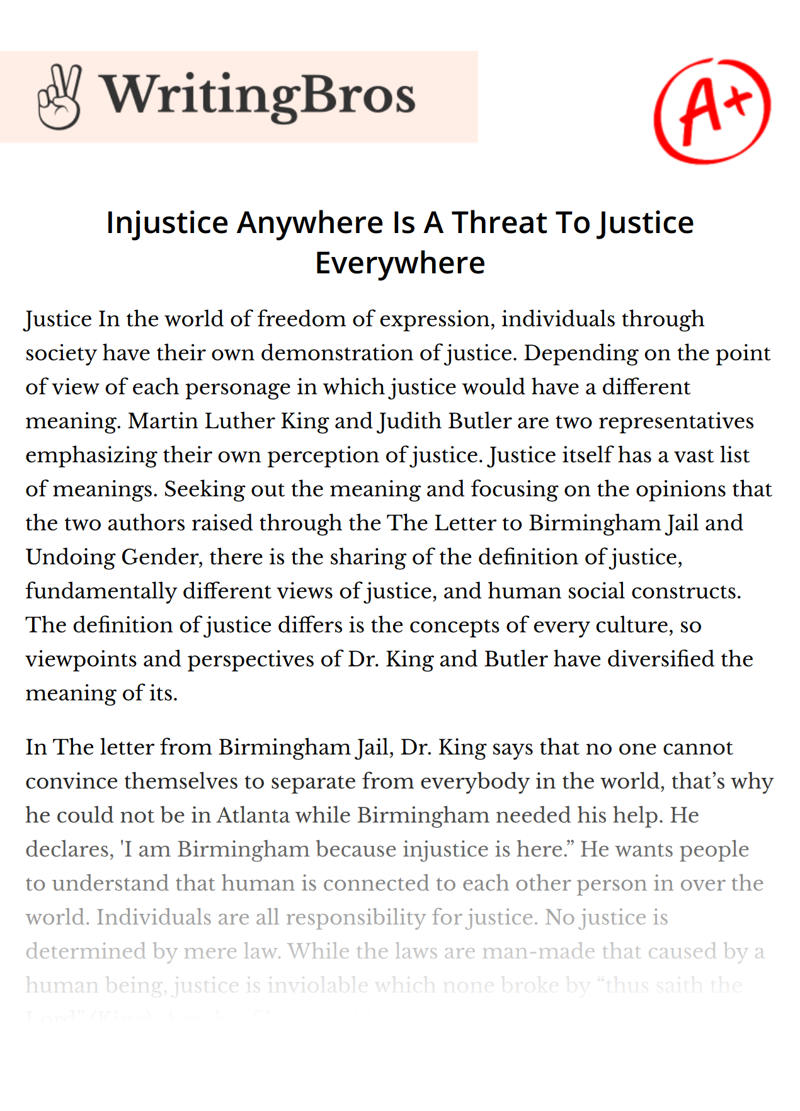 Injustice Anywhere Is A Threat To Justice Everywhere essay