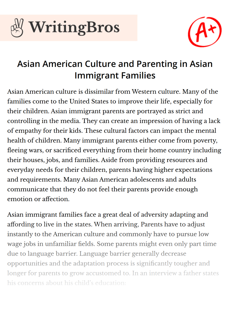 Asian American Culture and Parenting in Asian Immigrant Families essay
