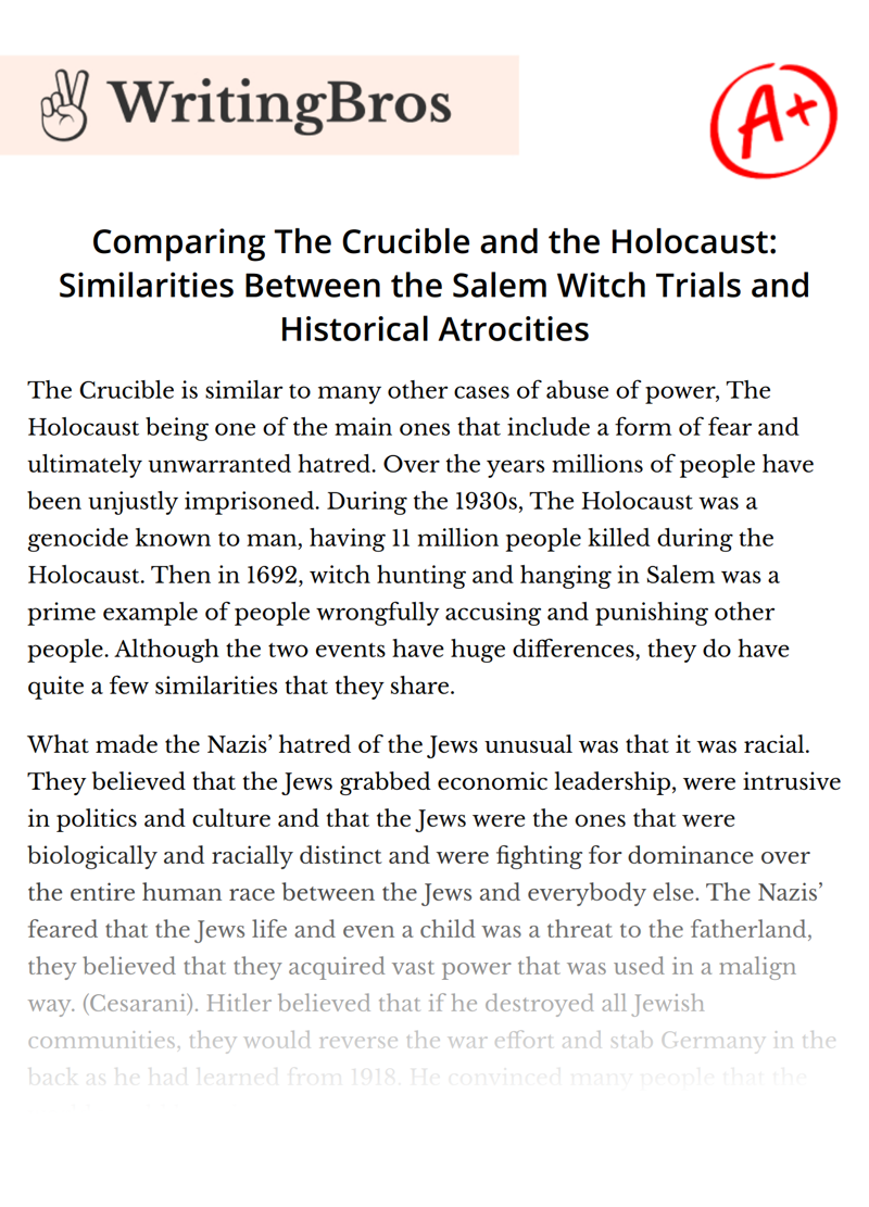 Comparing The Crucible and the Holocaust: Similarities Between the Salem Witch Trials and Historical Atrocities essay