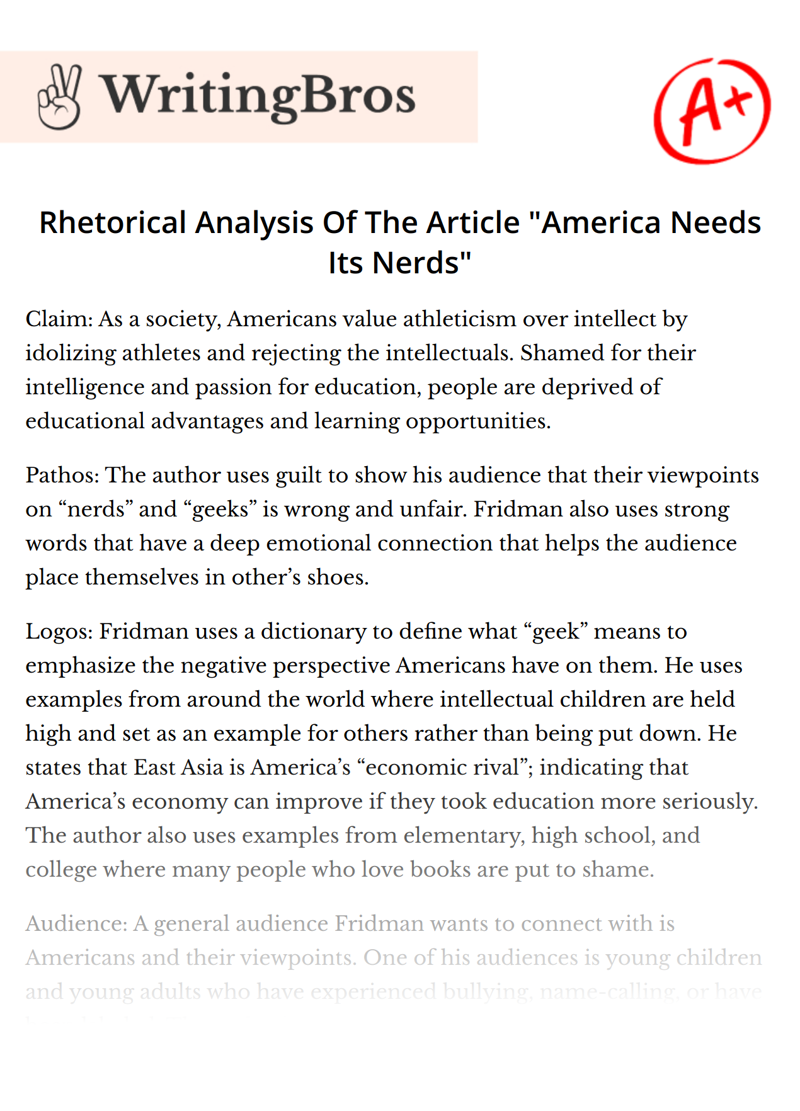 Rhetorical Analysis Of The Article "America Needs Its Nerds" essay