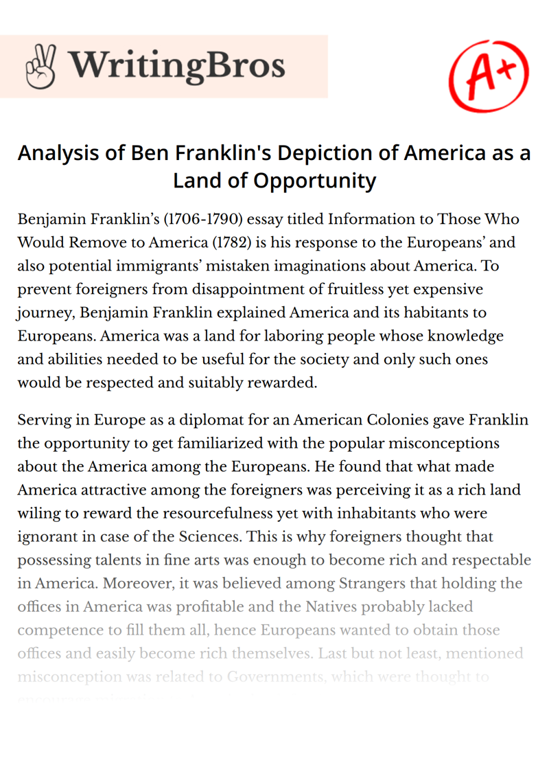 Analysis of Ben Franklin's Depiction of America as a Land of Opportunity essay