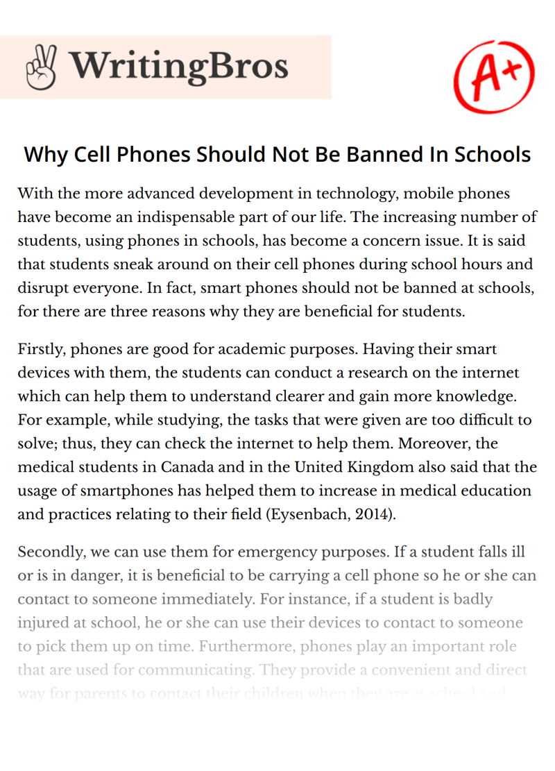 Why Cell Phones Should Not Be Banned In Schools essay