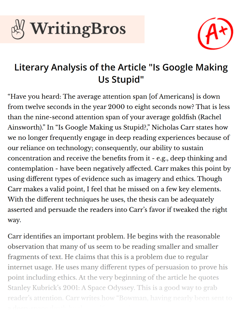 Literary Analysis of the Article "Is Google Making Us Stupid" essay