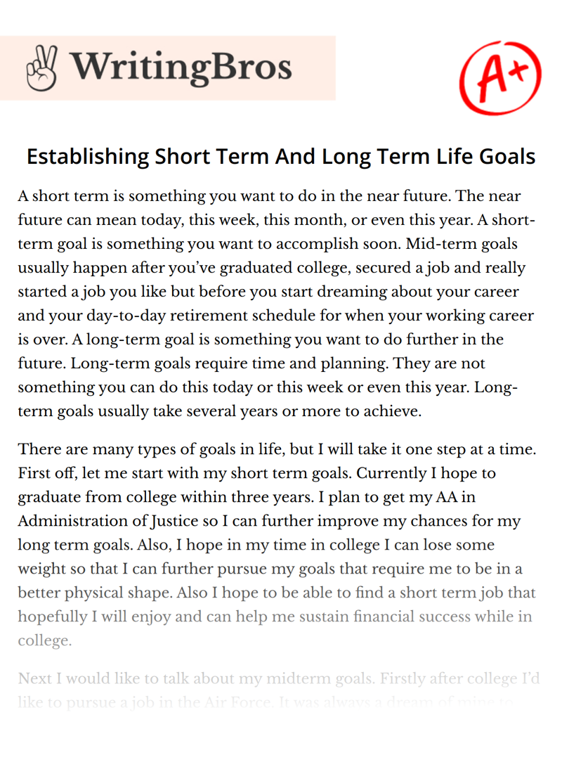Establishing Short Term And Long Term Life Goals essay