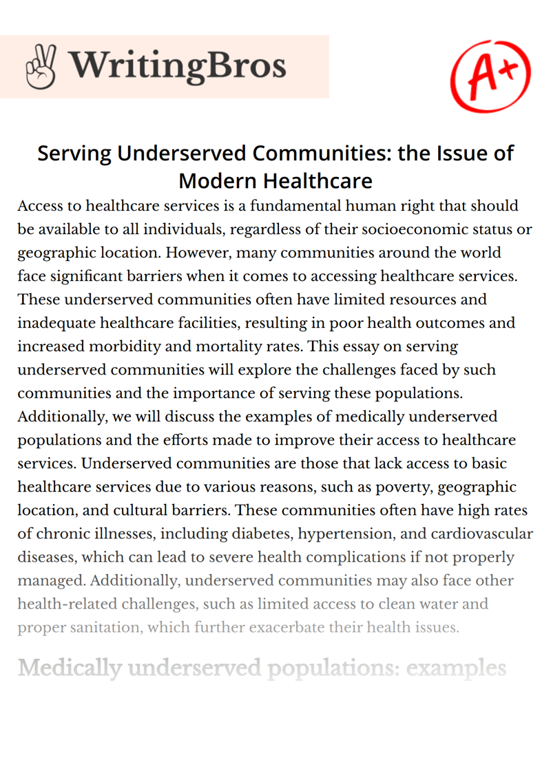 Serving Underserved Communities: the Issue of Modern Healthcare essay