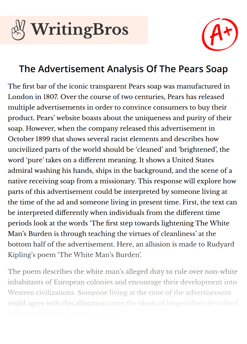 The Advertisement Analysis Of The Pears Soap essay