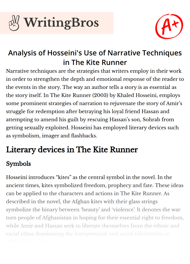 Analysis of Hosseini's Use of Narrative Techniques in The Kite Runner essay