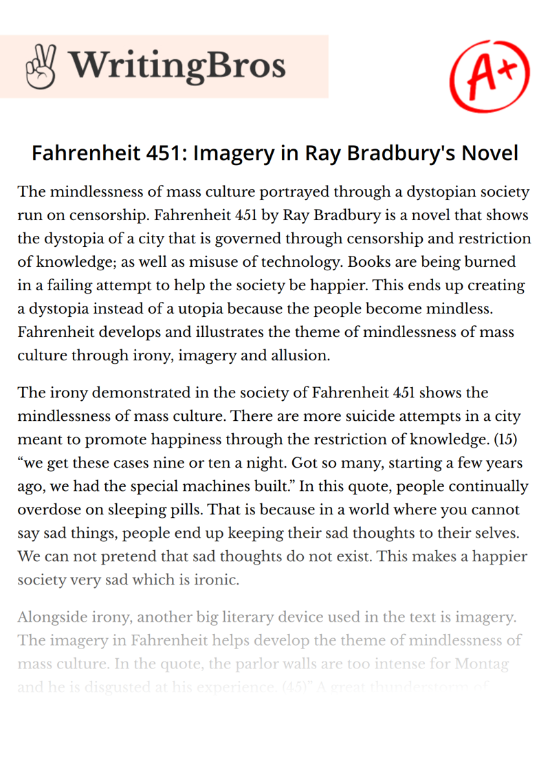 Fahrenheit 451: Imagery in Ray Bradbury's Novel essay