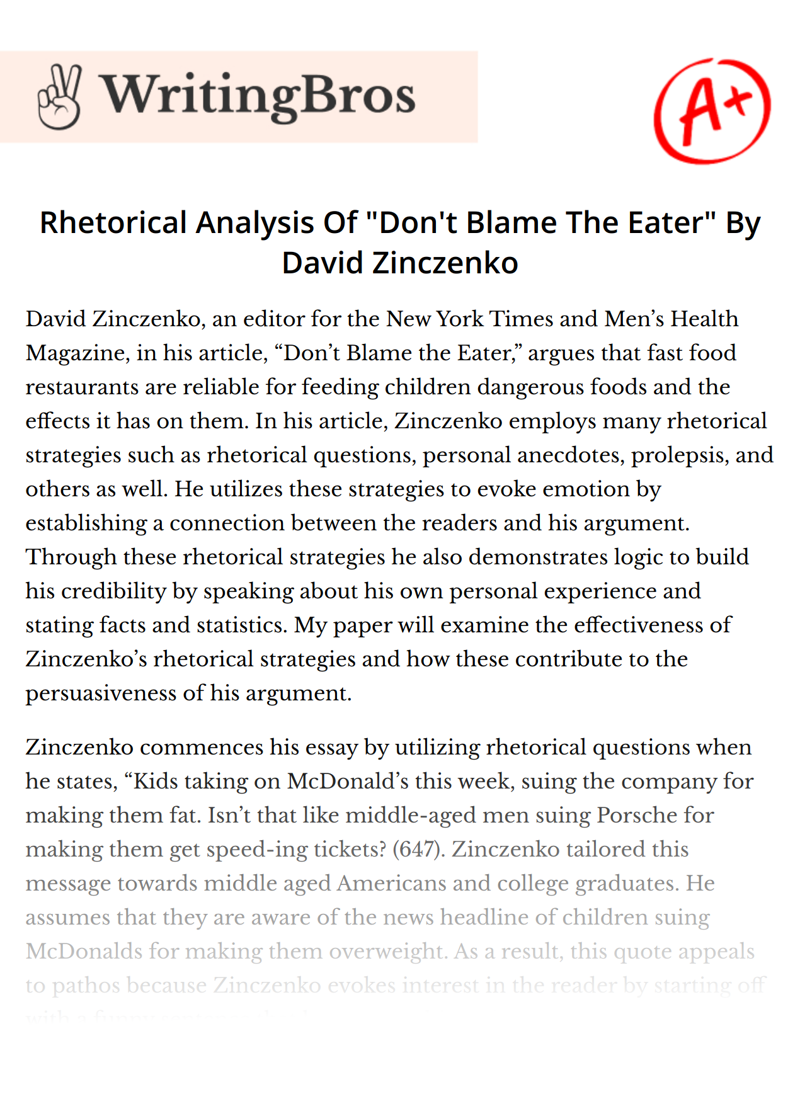 Rhetorical Analysis Of "Don't Blame The Eater" By David Zinczenko essay