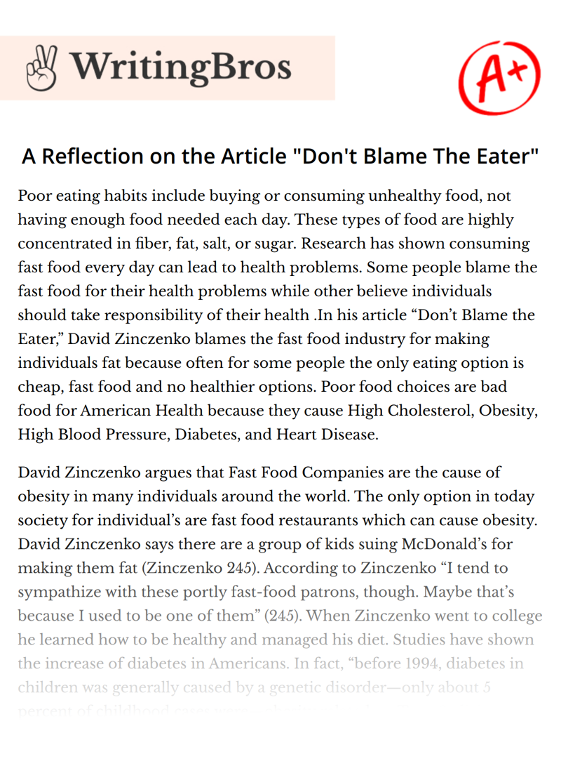A Reflection on the Article "Don't Blame The Eater" essay