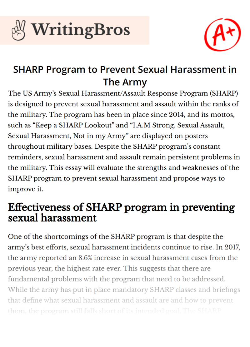 SHARP Program to Prevent Sexual Harassment in The Army essay