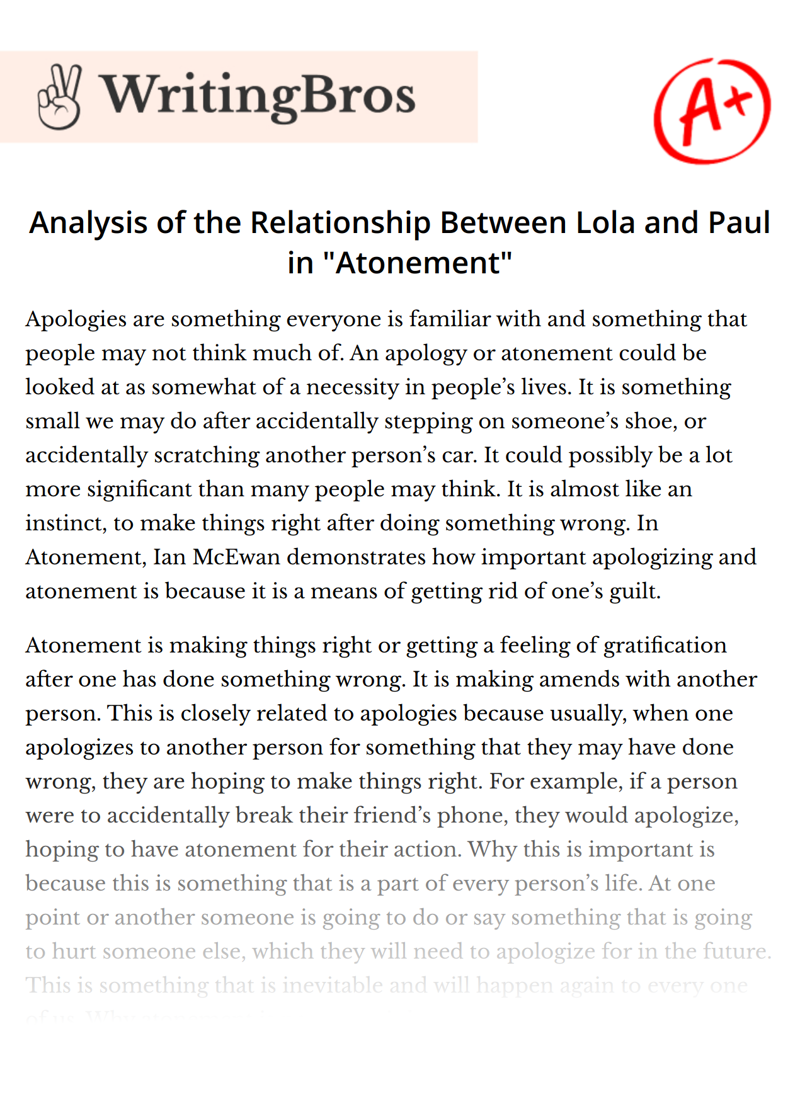 Analysis of the Relationship Between Lola and Paul in "Atonement" essay