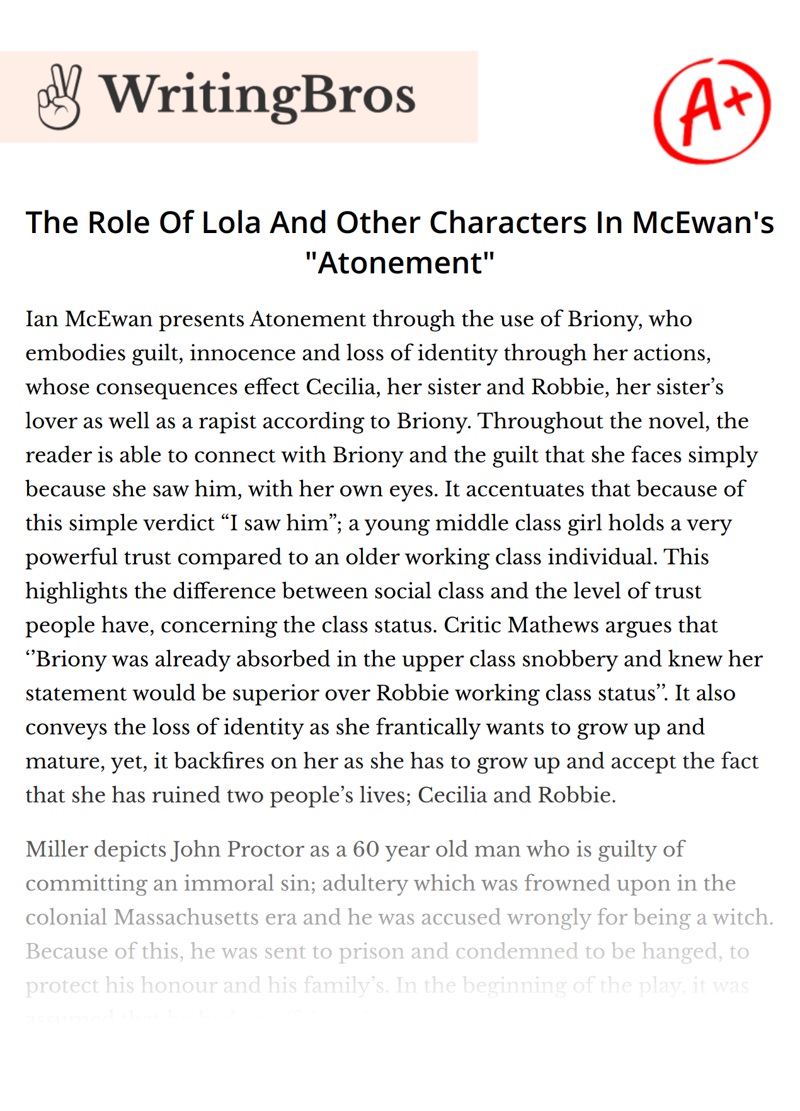 The Role Of Lola And Other Characters In McEwan's "Atonement" essay