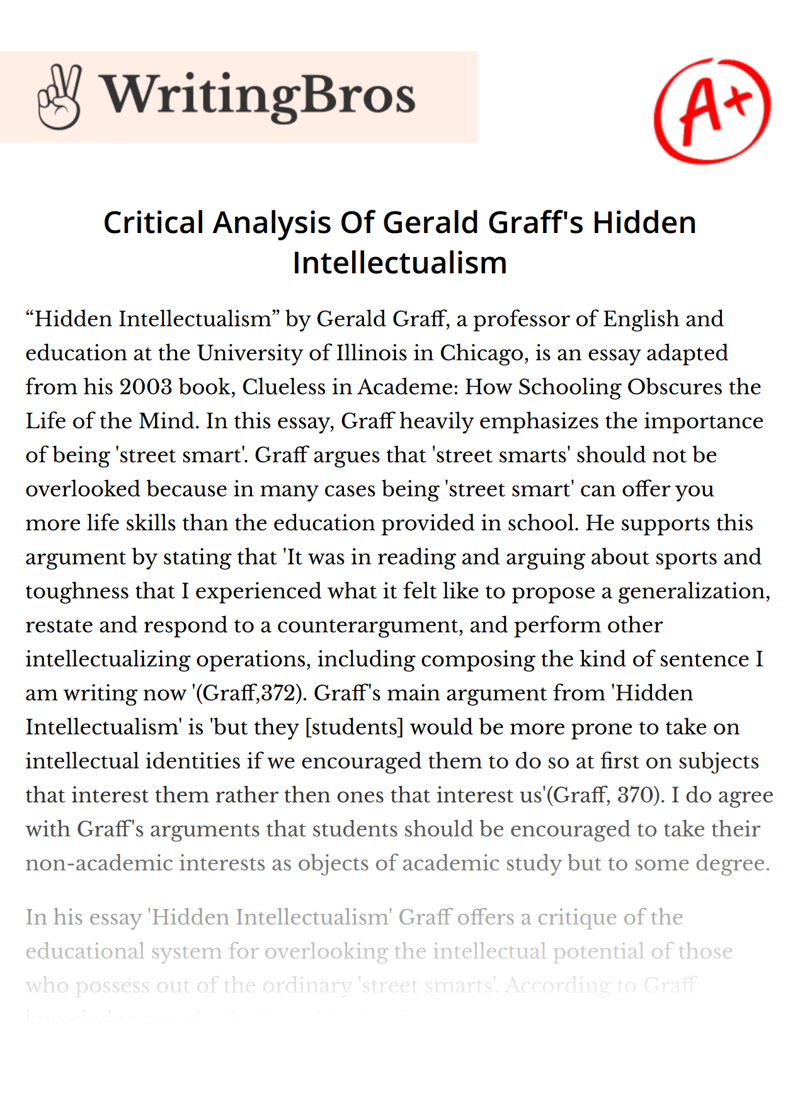 Critical Analysis Of Gerald Graff's Hidden Intellectualism essay