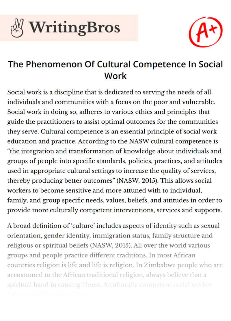 The Phenomenon Of Cultural Competence In Social Work essay