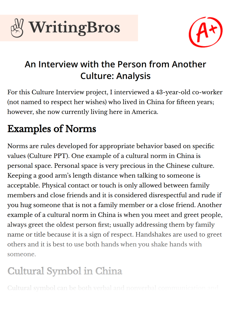 An Interview with the Person from Another Culture: Analysis essay