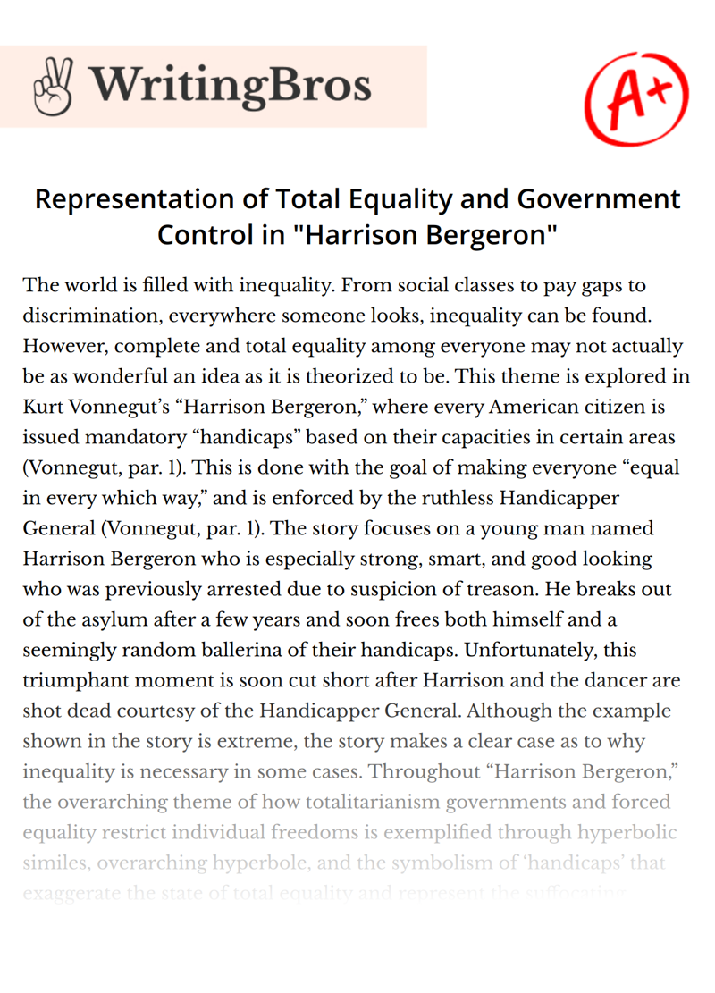 Representation of Total Equality and Government Control in "Harrison Bergeron" essay
