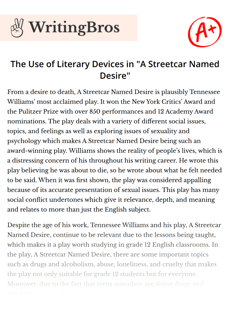The Use of Literary Devices in "A Streetcar Named Desire" essay