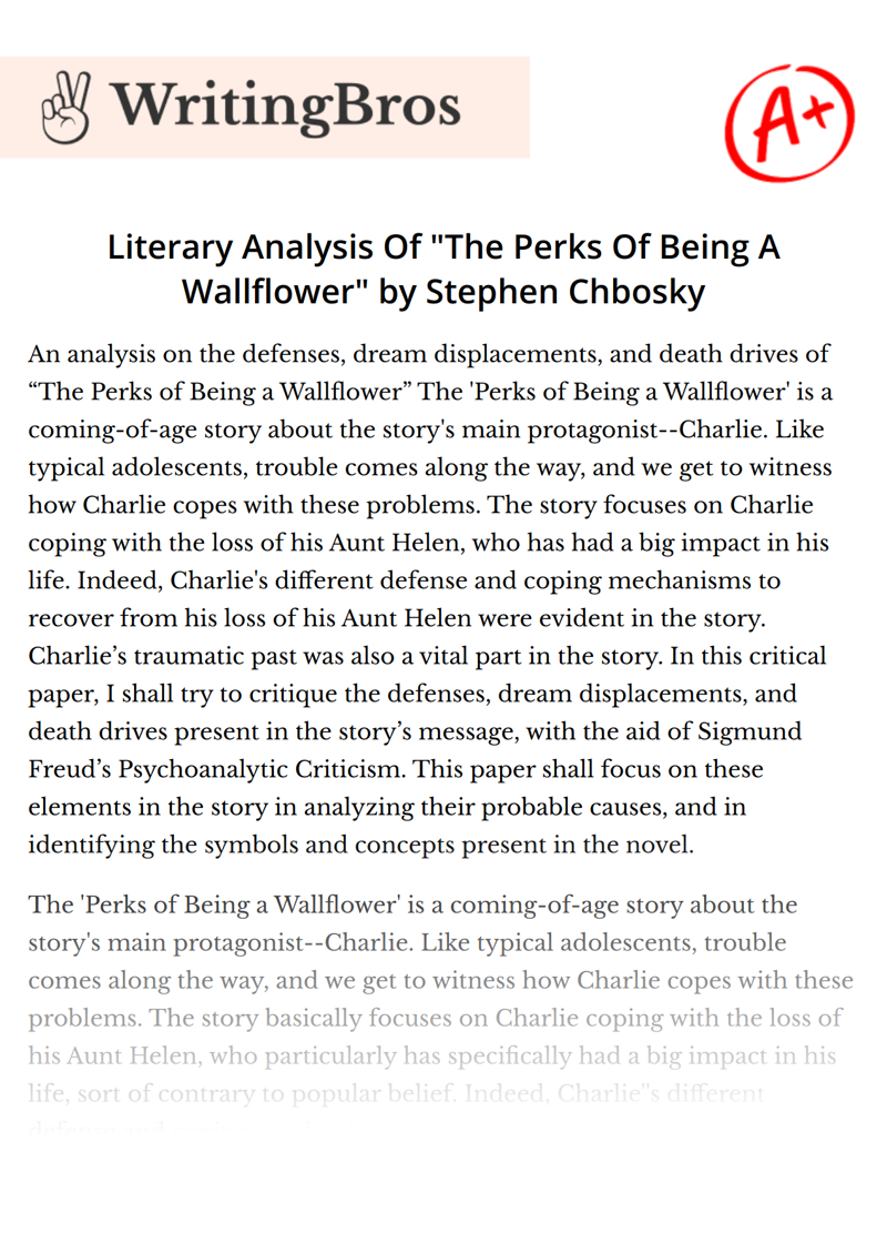 Literary Analysis Of "The Perks Of Being A Wallflower" by Stephen Chbosky essay