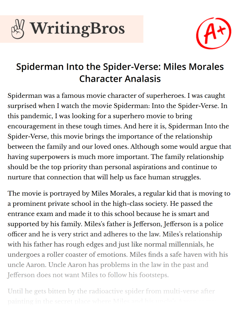 Spiderman Into the Spider-Verse: Miles Morales Character Analasis essay