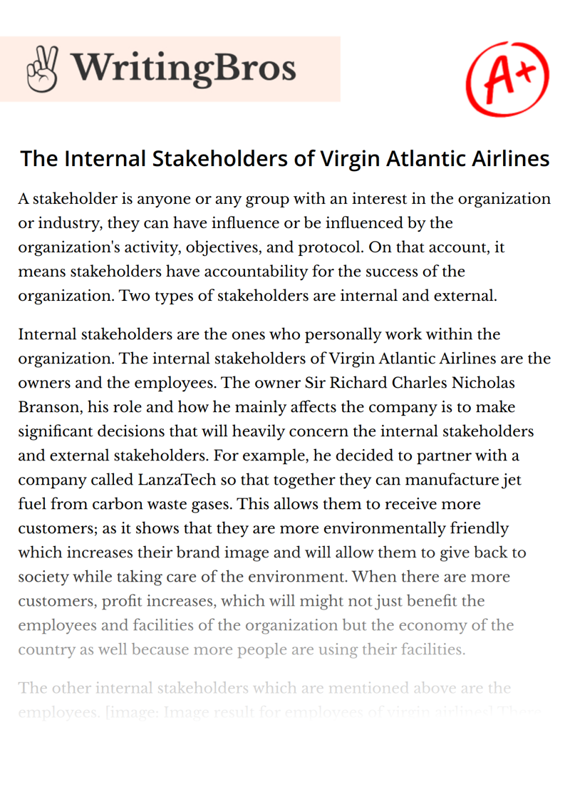 The Internal Stakeholders of Virgin Atlantic Airlines essay