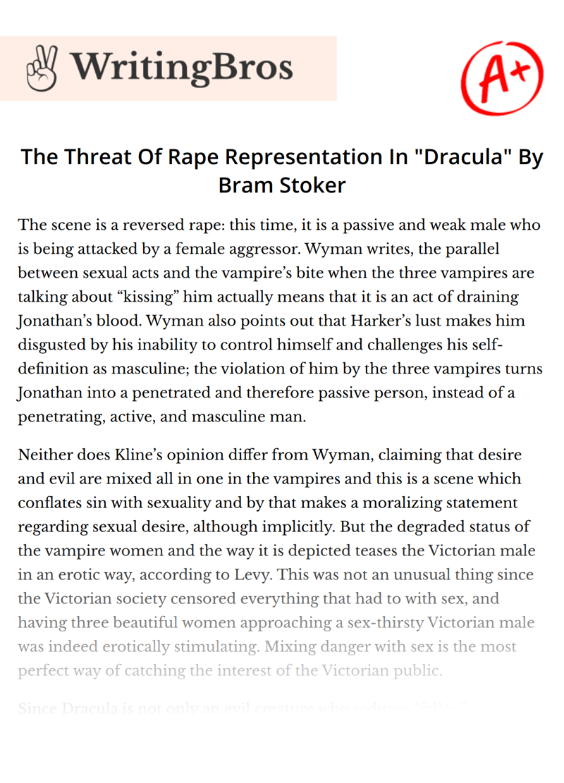 The Threat Of Rape Representation In "Dracula" By Bram Stoker essay