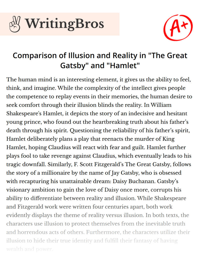 Comparison of Illusion and Reality in "The Great Gatsby" and "Hamlet" essay