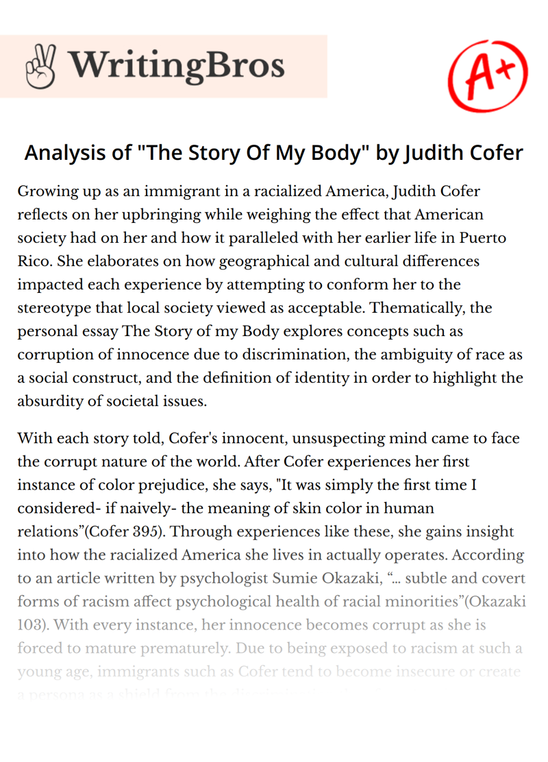 Analysis of "The Story Of My Body" by Judith Cofer essay