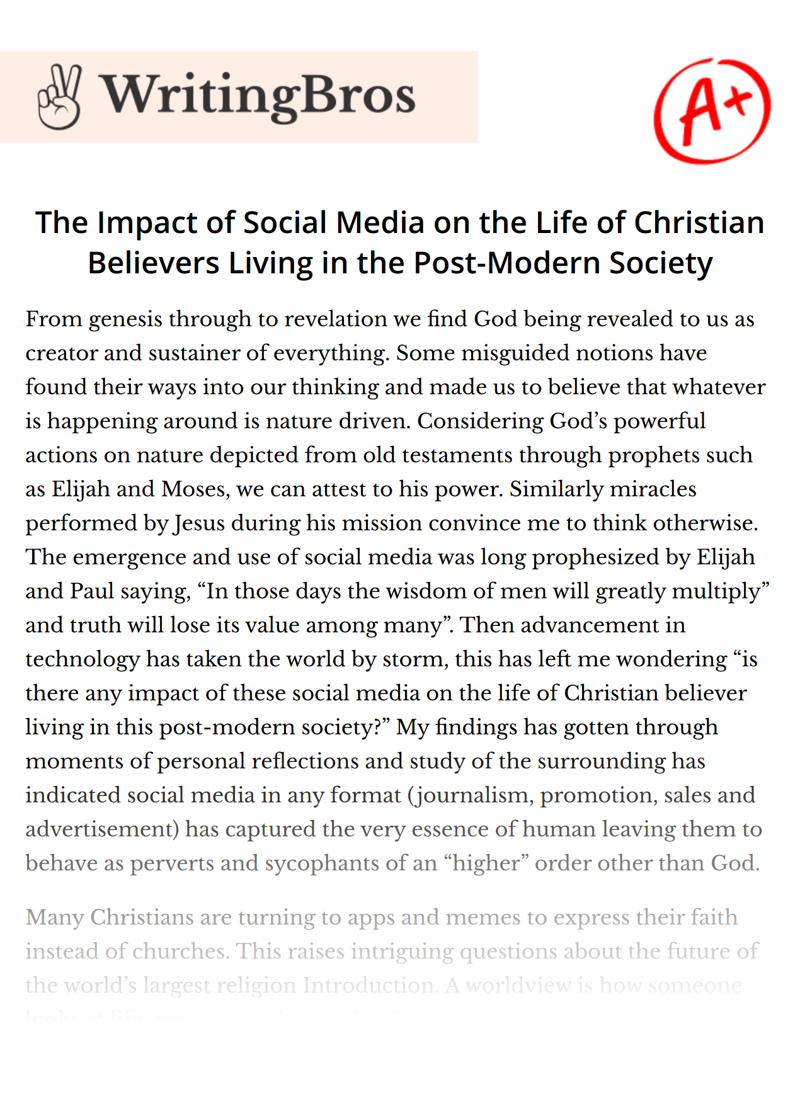 The Impact of Social Media on the Life of Christian Believers Living in the Post-Modern Society essay