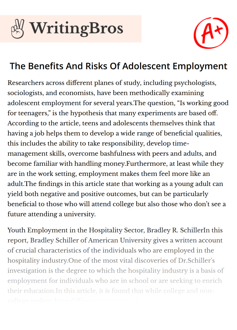 The Benefits And Risks Of Adolescent Employment essay