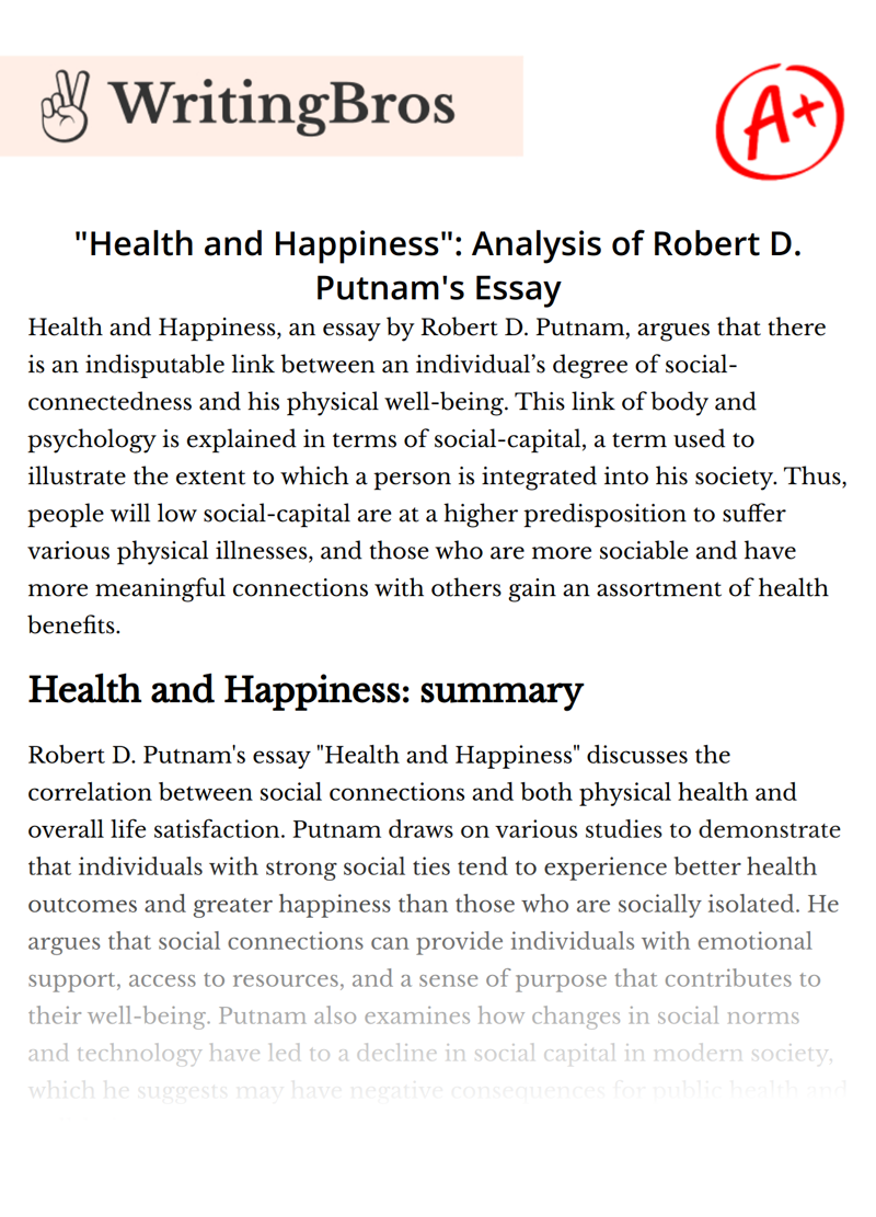 "Health and Happiness": Analysis of Robert D. Putnam's Essay essay