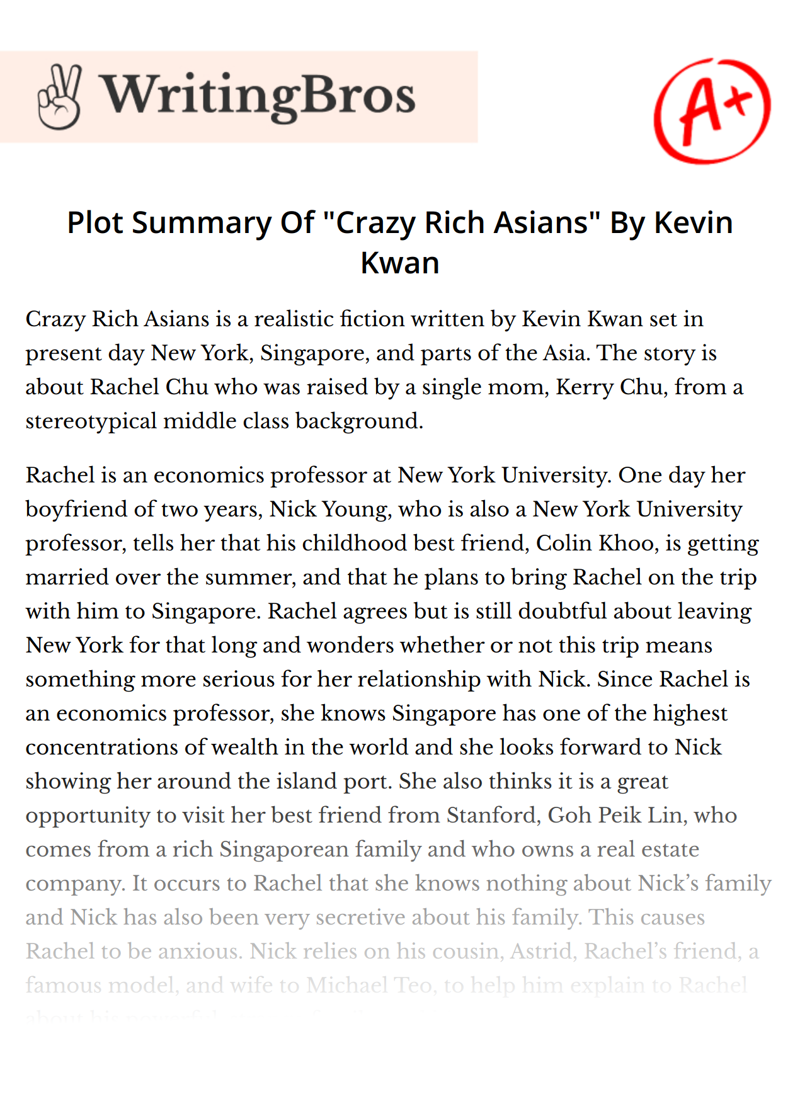 Plot Summary Of "Crazy Rich Asians" By Kevin Kwan essay