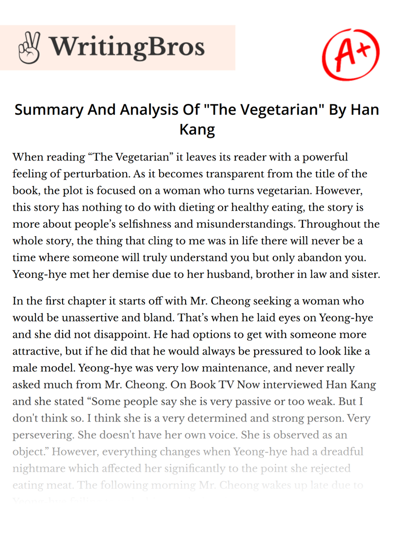 Summary And Analysis Of "The Vegetarian" By Han Kang essay