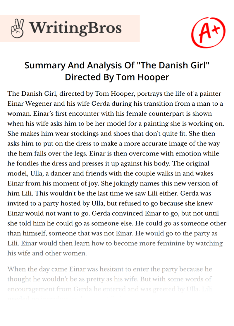 Summary And Analysis Of "The Danish Girl" Directed By Tom Hooper essay