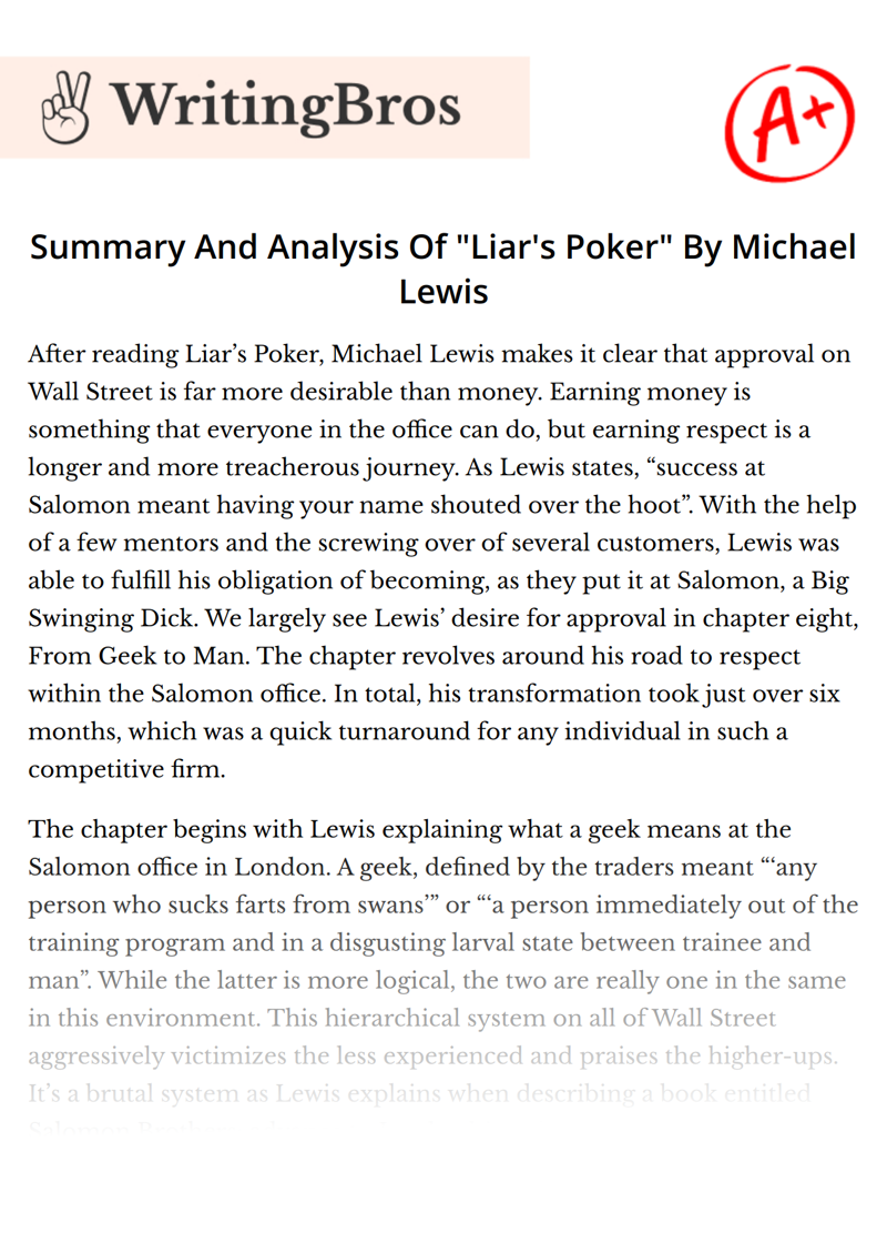 Summary And Analysis Of "Liar's Poker" By Michael Lewis essay
