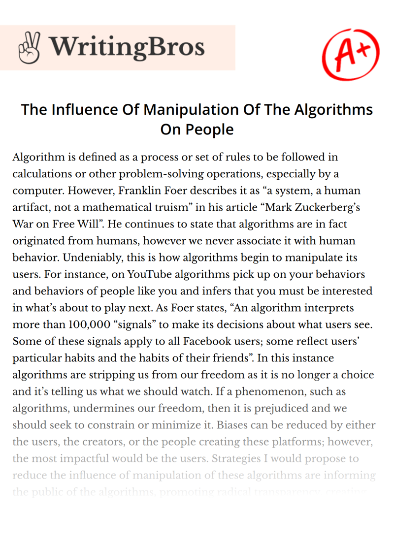 The Influence Of Manipulation Of The Algorithms On People essay