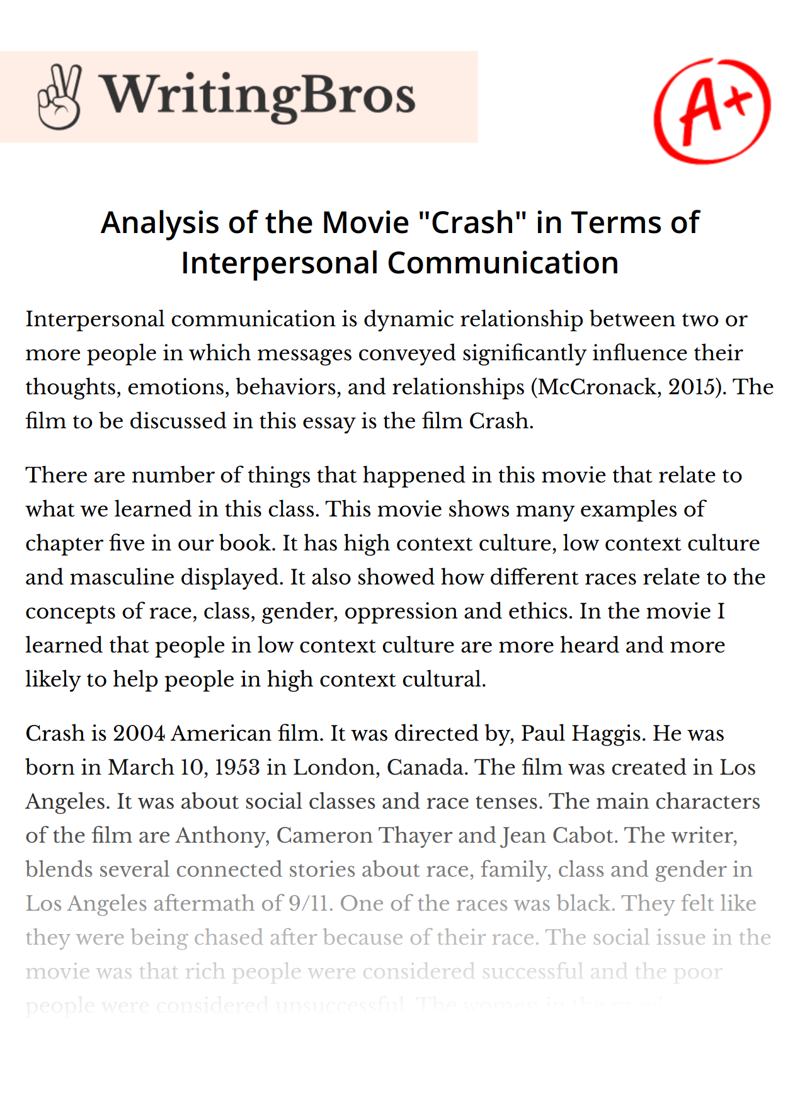 Analysis of the Movie "Crash" in Terms of Interpersonal Communication essay