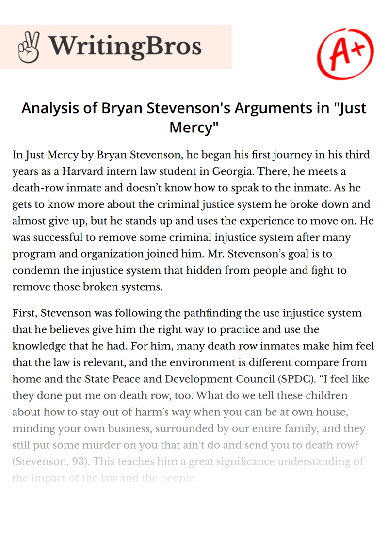 Analysis of Bryan Stevenson's Arguments in "Just Mercy" essay