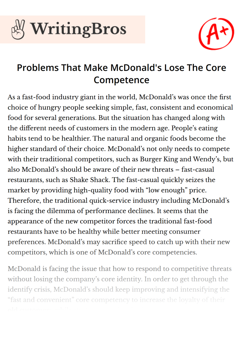 Problems That Make McDonald's Lose The Core Competence essay