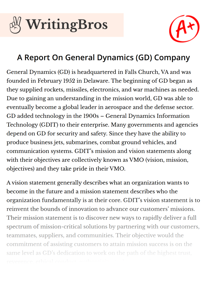 A Report On General Dynamics (GD) Company essay