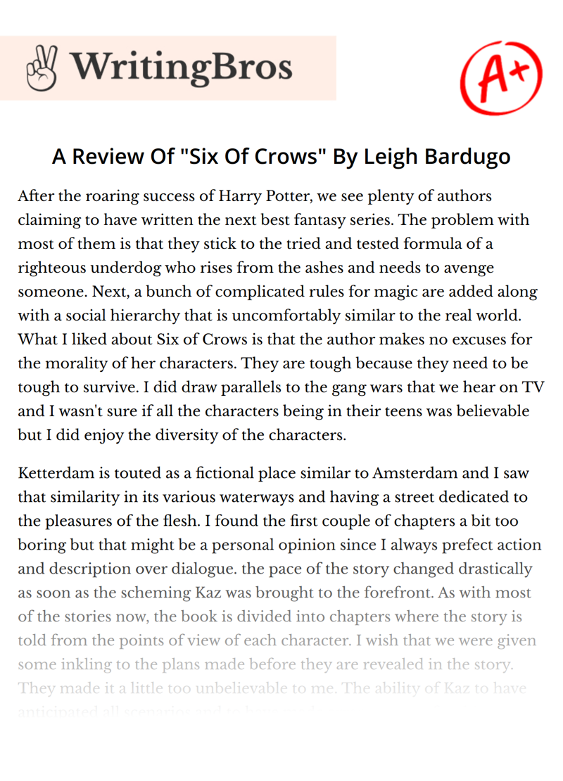 A Review Of "Six Of Crows" By Leigh Bardugo essay