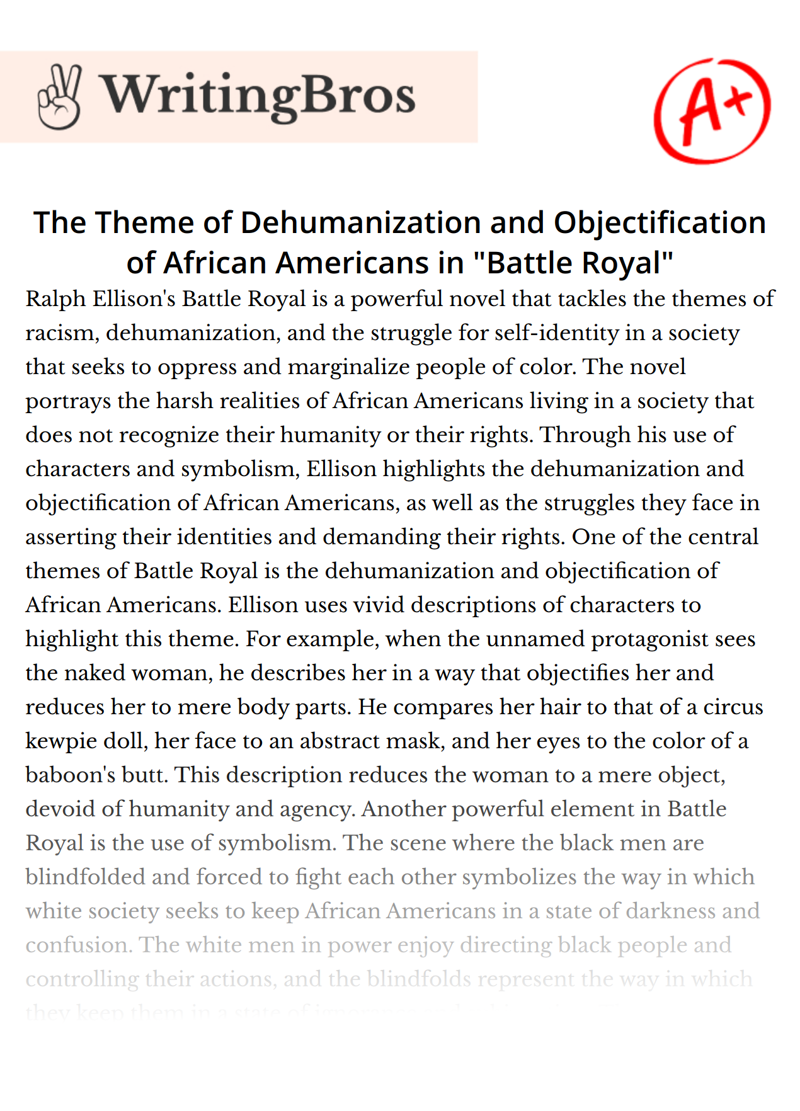 The Theme of Dehumanization and Objectification of African Americans in "Battle Royal" essay