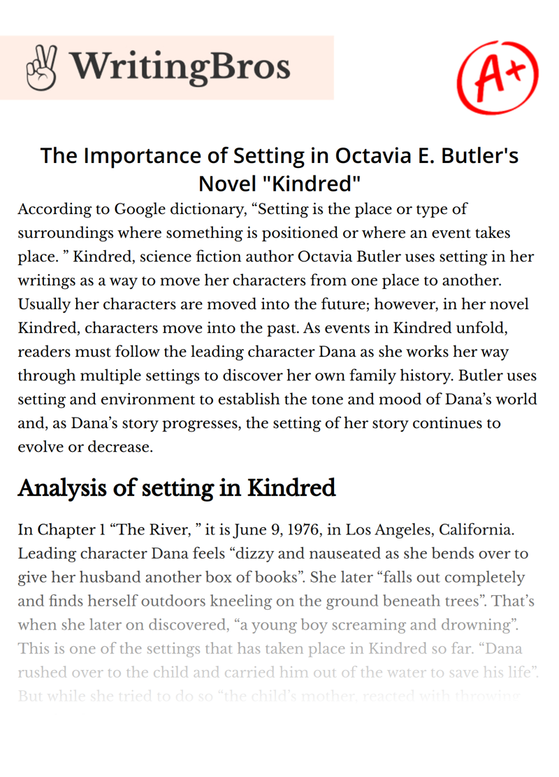 The Importance of Setting in Octavia E. Butler's Novel "Kindred" essay