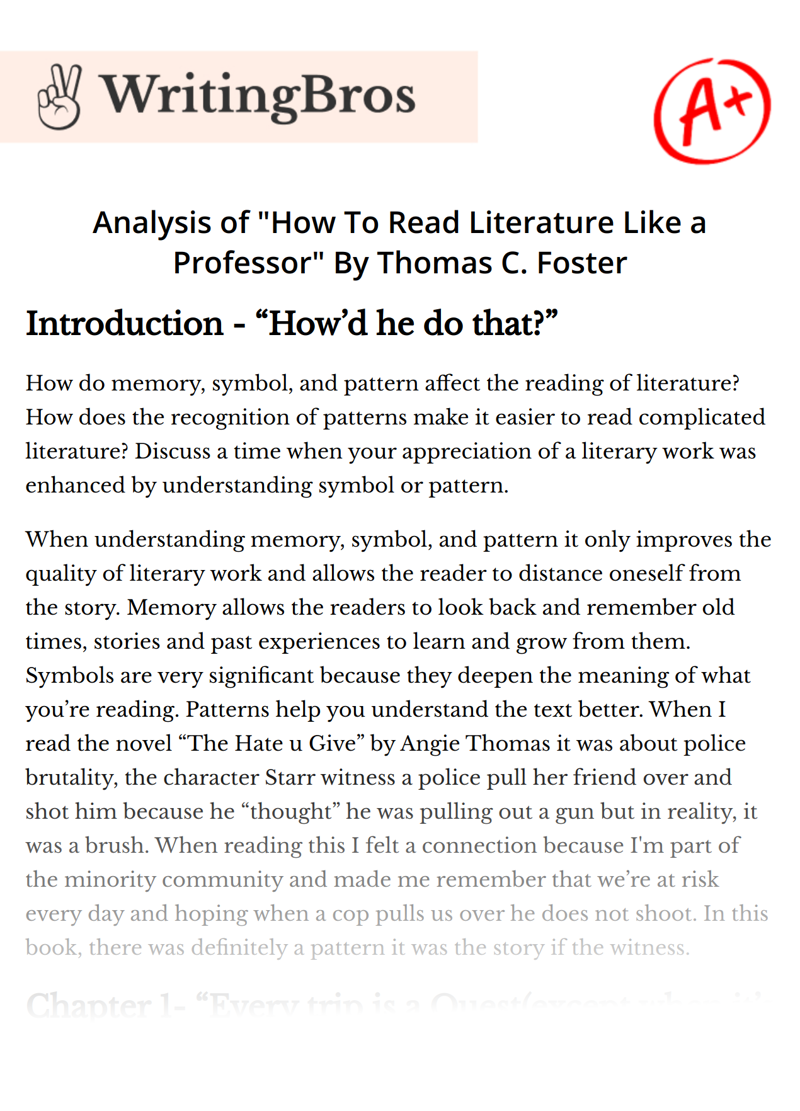 Analysis of "How To Read Literature Like a Professor" By Thomas C. Foster essay