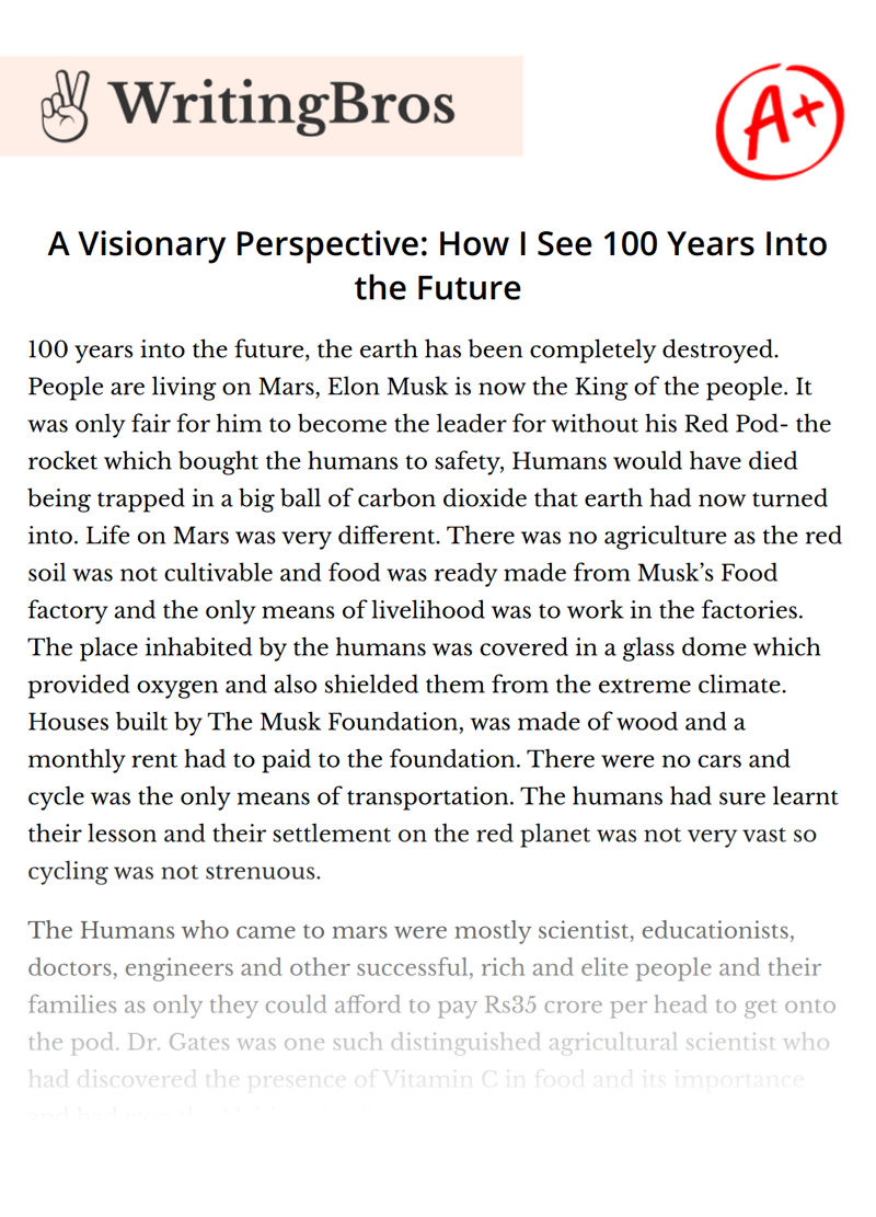 A Visionary Perspective: How I See 100 Years Into the Future essay