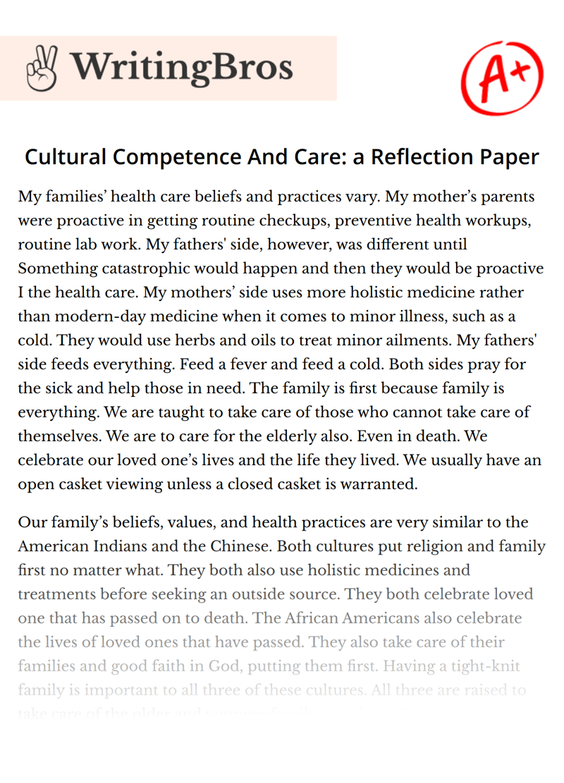 Cultural Competence And Care: a Reflection Paper essay