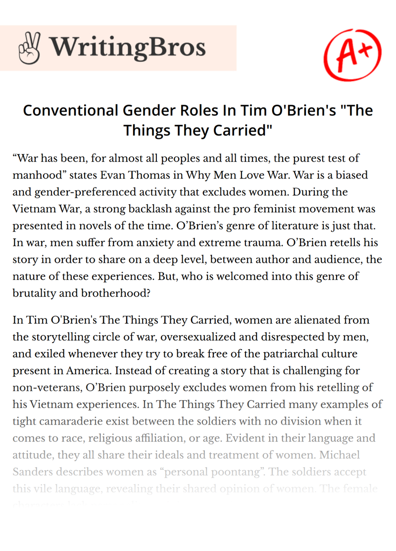 Conventional Gender Roles In Tim O'Brien's "The Things They Carried" essay