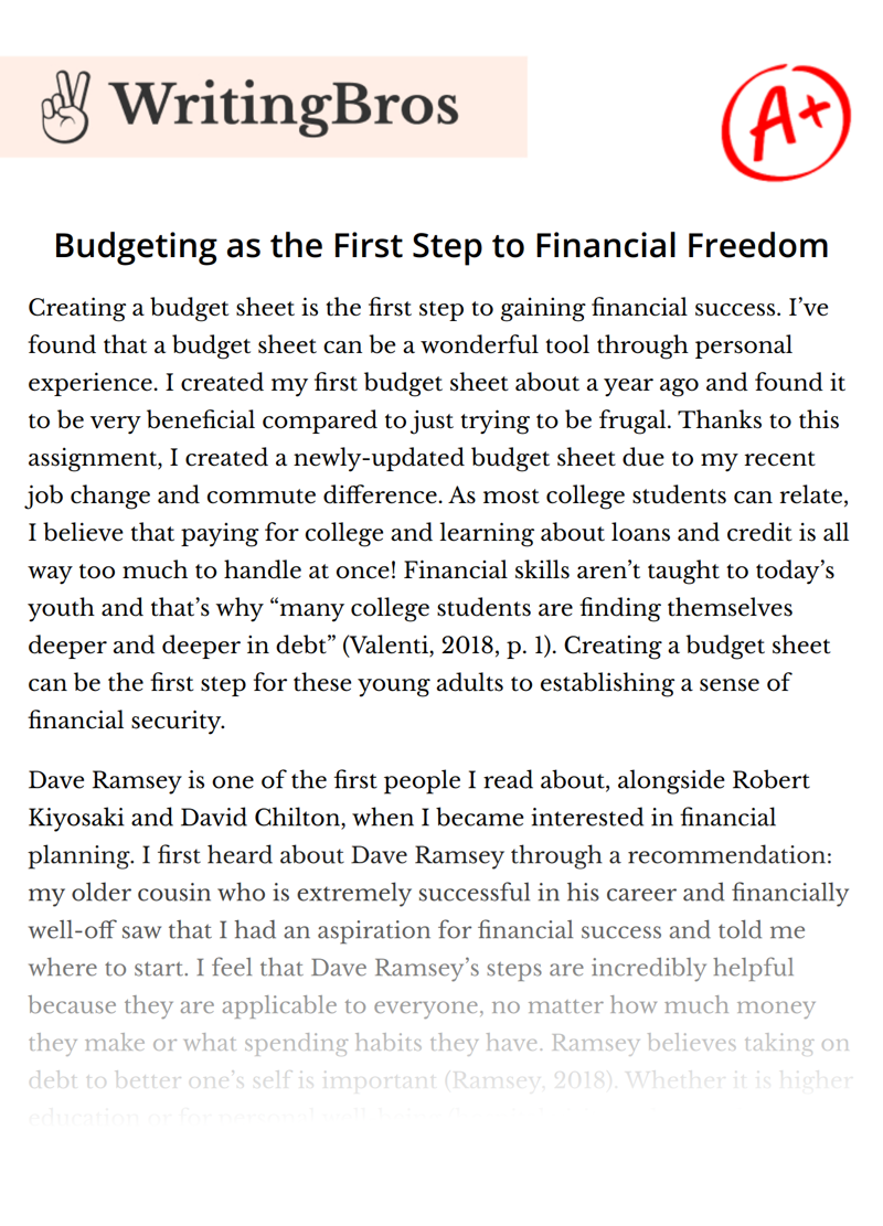 Budgeting as the First Step to Financial Freedom essay